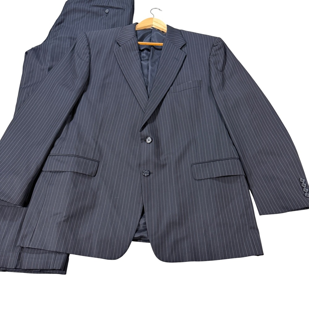 Vintage Hickey Freeman Mens 46R Worsted Wool Pinstripe Suit Navy 2 Button 40x32